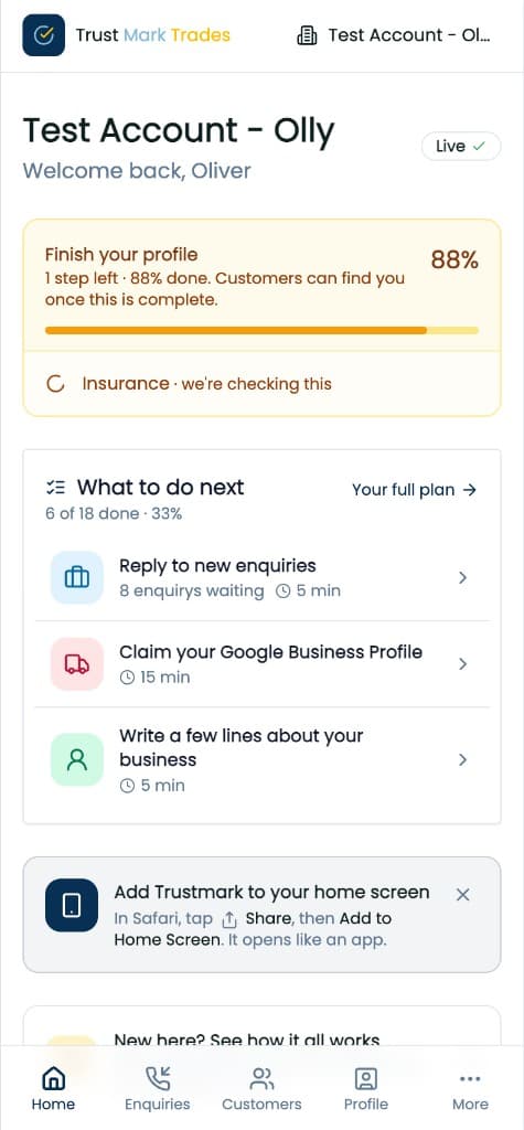 The members app home screen on a phone: profile progress and what to do next