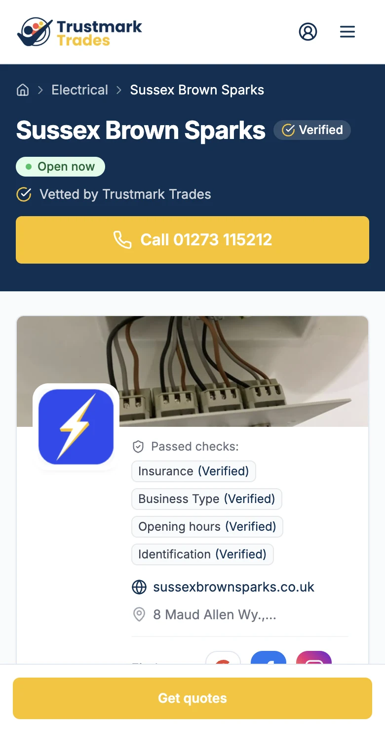 A verified business profile on trustmarktrades.com on a phone: Verified badge, call button, passed checks for insurance, business type, opening hours and identification